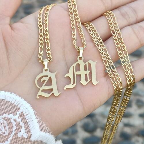 Initial Letter Pendant Necklace Hip Hop Jewelry Figaro Chain A-Z Alphabet Old English Necklaces Women Men Stainless Steel Collar