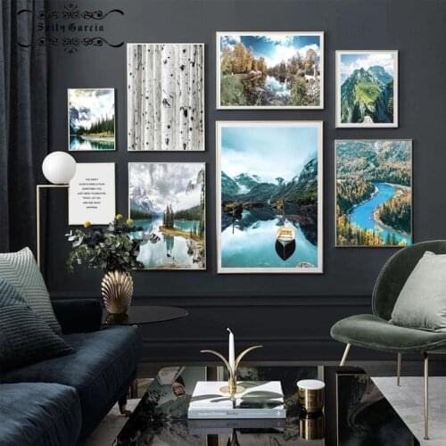 Nature Scenery Poster Wall Art Canvas Painting Nordic Mountain Lake Landscape Picture Home Decor Print for Living Room Design