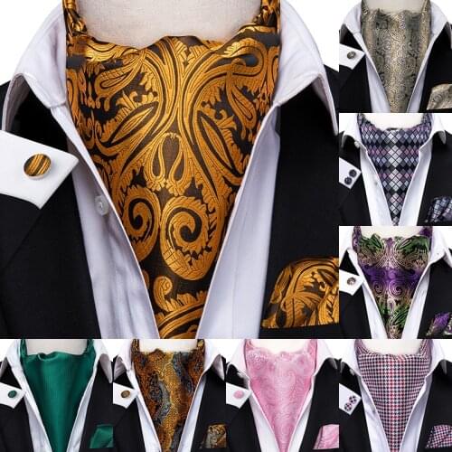 Hi-Tie Mens Vintage Paisley Wedding Formal Cravat Ascot Scrunch Self British style Gentleman Polyester Silk Casual Scarf Tie