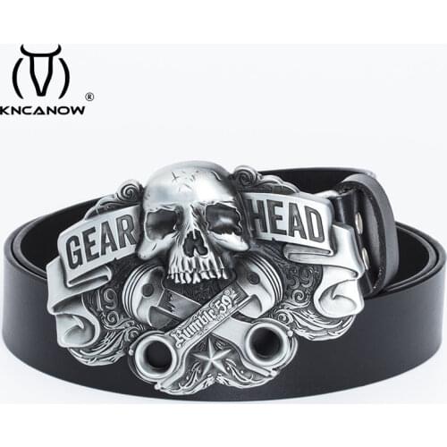 High Quality Leather Belt Men Strap Luxury Skull Gear Head Punk Buckle Fancy Vintage Western Cowboy Jeans Cinto Free Shipping