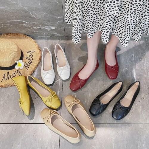 Shoes Woman Flats Casual Genuine Leather Butterfly-knot Korean Style Ladies Shoes Square Toe Low Heels Zapatos De Mujer