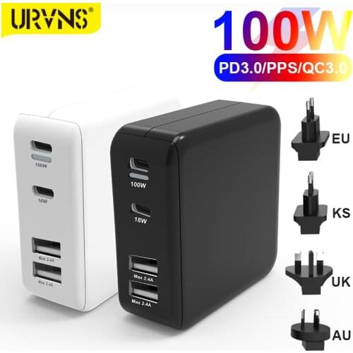URVNS 100W 4-Port Fast Wall Charger Type C PD Charging for USB-C Laptops, MacBook Pro Air, iPhone, iPad Pro, Samsung, Dell XPS