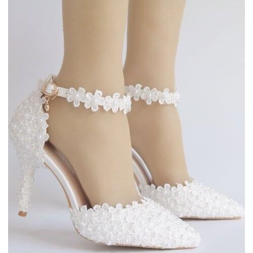 Women sandals wedding Party Lace PU Rhinestones Buckle Strap 7.5CM 9.5CM Thin High heels Pointed Toe women shoes size 35-42
