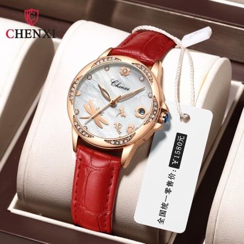 CHENXI Watch Women Genuine Leather Crystal Diamond Ladies Watch Date Quartz Wrist Watches For Women Clock Zegarek Damski 2021
