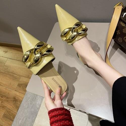 WEIBATE 2021 Spring New Women Slipper Brand Gold Chain Slip On Mules Shoes Flat Heel Legant Pointed Toe Ladies Slides Sandal