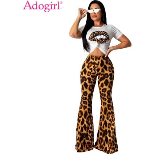 Adogirl Women Fashion Casual Two Piece Set Lip Print Short Sleeve T Shirt Top High Waist Leopard Print Flare Pants Sexy Suits