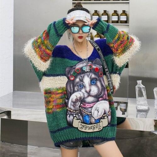 European Autumn and Winter New Plus Size Loose Wild V-neck Striped Design Knitted Sweaters Women Tops Fashion Streetwear 2021