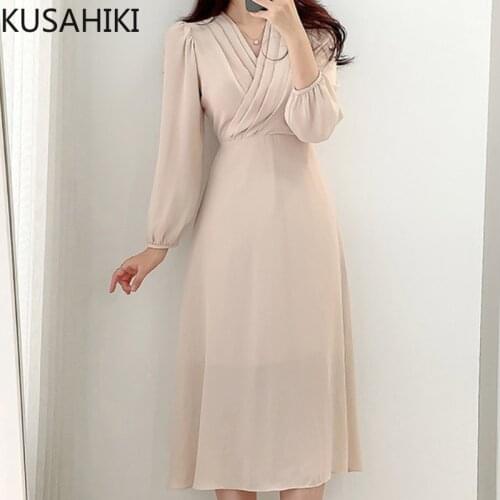 KUSAHIKI Elegant Slim Waist Woman Dress Korean Folds V-neck Long Sleeve Dresses 2021 Autumn New Fashion Vestido Feminimos 6L715