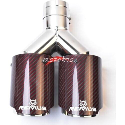 1PC Equal Length Glossy Red Stainless Steel Straight Twill Carbon Fiber Middle Muffler Tip With Remus Logo