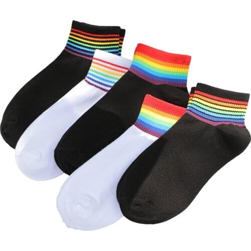 5 Pairs Striped Sports Sock Korean Streetwear Women Rainbow Socks Warm Funny Candy White Black Short Summer Cotton Happy Socks