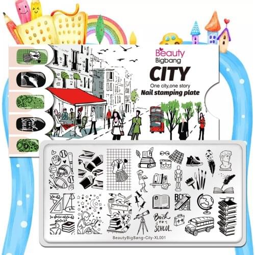 Beautybigbang Nail Stamping Plates Book Car Model Study Ruler City Story Style Image Stainless Steel Stencil Nails Art Template