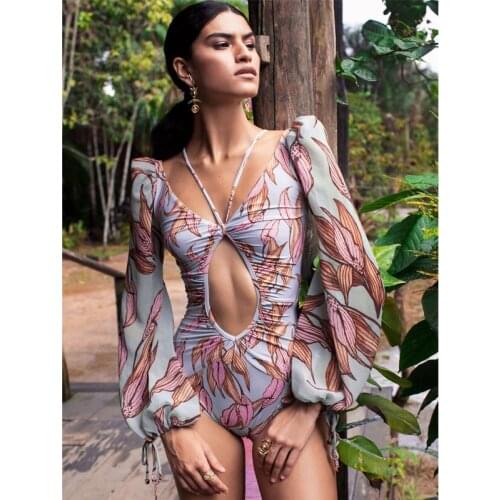 Print Floral One Piece Swimsuit Women Swimwear Monokini Long Sleeve Backless Printed Female Bathing Suit Surfing Bodysuit Swim