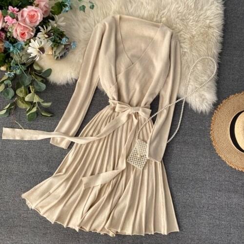 Croysier Winter Dresses For Women V Neck Long Sleeve Elegant Pleated Midi Dress Warm Knitted Sweater Dress Belted Woman Clothes