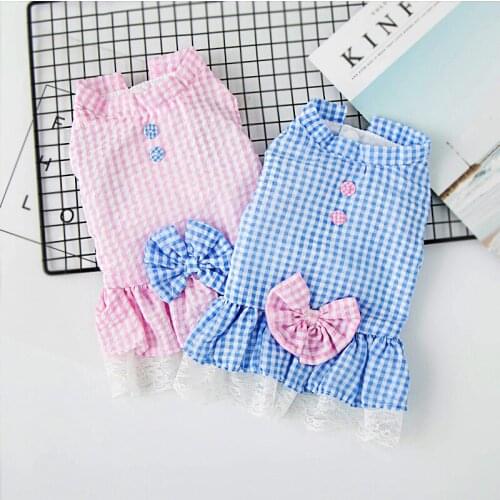 Plaid Dog Dress With Bow Xsmall Dog Clothes Cat Summer Blue Pink Clothing Puppy Supplies for Small Medium and Large Dogs Girl