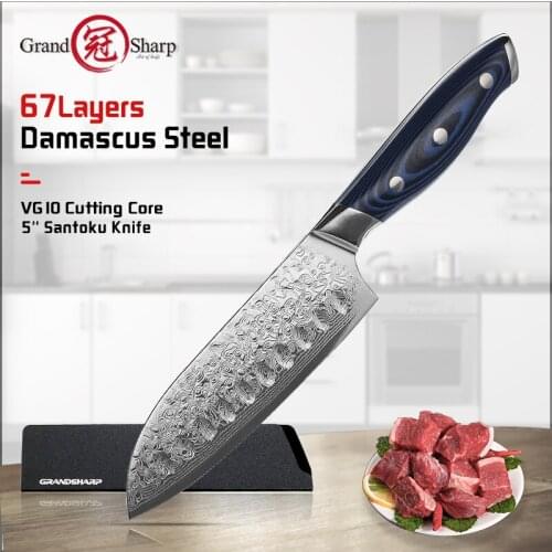 Grandsharp 5 Inch Santoku Chef Knife Kitchen Knives Japanese Damascus VG10 Steel Razor Sharp Blade Meat Cutting Tools G10 Handle