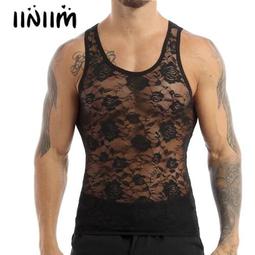 Iiniim Mens Sissy See Through Sheer Lingerie Stretchy Floral Lace Hollow Out Sexy Muscle Fitted T-Shirt Undershirt Club Tank Top