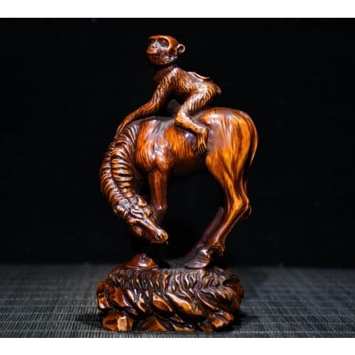 6"China Folk Collection Old Boxwood Monkey riding statue Immediately seal the prince Office Ornaments Town House