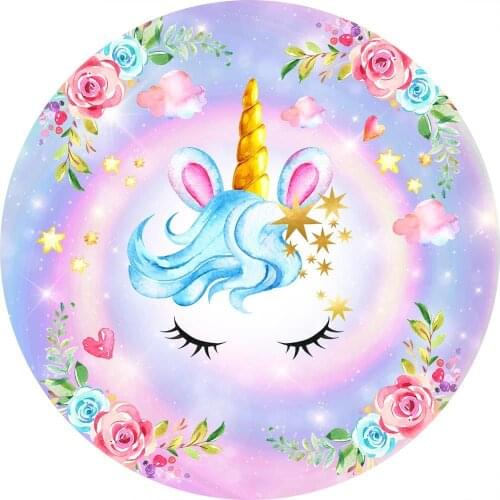 Round Circle Background Cartoon Unicorn Floral Baby Birthday Party Banner Backdrops Photocall Props for Photo Studio
