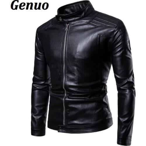Men Leather Jacket Genuo Fashion Stand Collar Zipper Slim Fit Biker Jacket Streetwear Male Faux Leather Coat Outwear Men Clothes