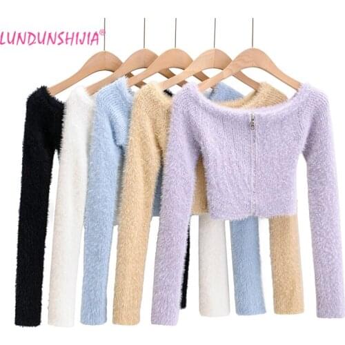 LUNDUNSHIJIA 2020 Autumn Fashon Sexy One Line Collar Solid Mohair Cardigan Women Knitting Long Sleeve Slim Short Sweaters Top