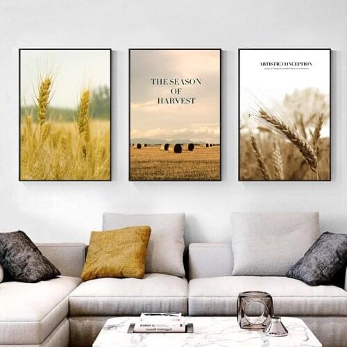 Fancy Golden wheat fields Harvest scene letter modern decorative Picture Canvas Wall Art Poster for room Restaurant office decor