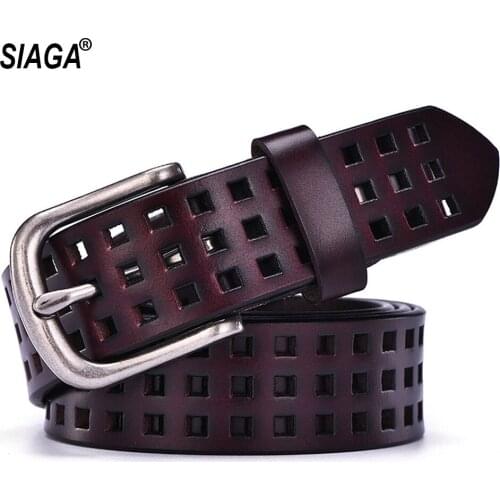 New Brand Name Womens Cow Cowhide Leather Female Pin Buckles Metal Belts Hollowed Pattern Design 2.8cm Width FCO133