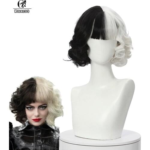 ROLECOS Cruella Wig Cosplay Half Black and White Wigs Halloween Cosplay for Women Short Curly Hair 25CM Cute Wigs New Movie