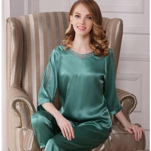 100% Silk Women Pajama Sets with Lace Line Pullover Top with Elastic Waist Pant Pajamas for Noble Elegant ladies sp0148