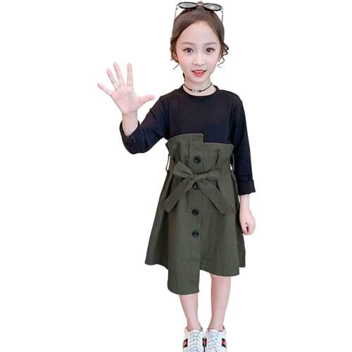 2020 Girls Dress Patchwork Fake 2PCS Dress For Girls Korean Slim Kids Party Dress With Bow Belt Spring Novelty Clothes For Girls