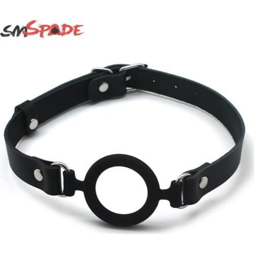 SMSPADE Black Silicone Large Circular Ring Mouth Gag Ball & Leather Belt For Women Men Adult Games Slave Oral Fixation Sex Toys