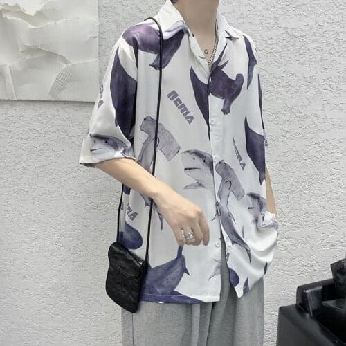 Design Sense Short Sleeve Shirt Men Beach Casual Printed Ice Silk Shirt Trend Coat Oversize Hawaiian Top Loose Male Clothes Thin