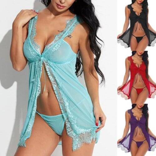 Sexy Lace Night Dress for Women V-Neck Sleepwear Beauty Back Sling Womens Lingerie Nightgown Blackless Nightwear with panties