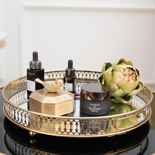 Nordic Modern Hollow Jewelry Storage Tray Coffee Table Glass Mirror Tray Round Household Dessert Storages