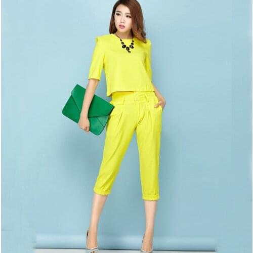 Work Fashion Pant Suits 2 Piece Sets Short Solid Pullover Breasted Top & Calf-Length Pant Office Lady Suit Women Outfits 2018