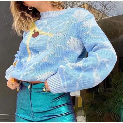 Vintage Print Sweater Women Autumn Sweet Y2K Long Sleeve Top Streetwear Winter Lady Aesthetic Kawaii Clothes Harajuku Knitshirt