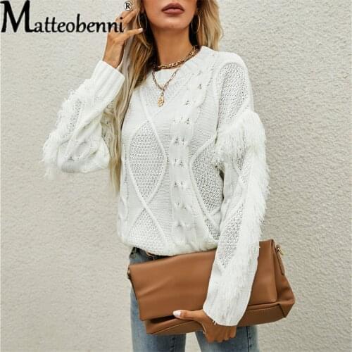 2021 Autumn Winter New Fashion Ladies Loose Solid Color O Neck Long Sleeve Tops Women Sweater Knitted Tassel Hollow Out Sweater