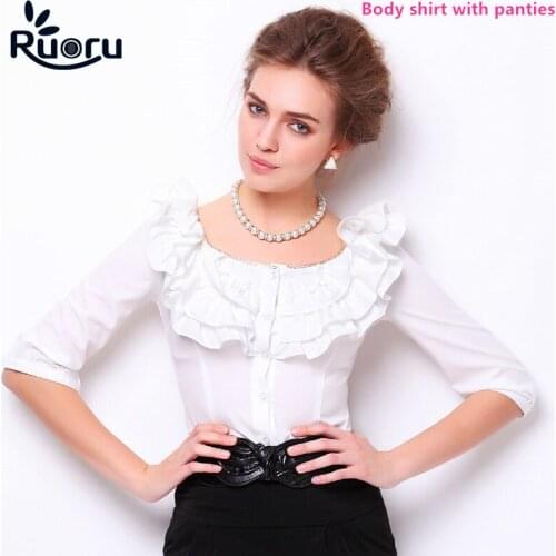 Ruoru Women Fashion Office Ruffles Blouse Half Sleeve Body Shirt Metal Chains Bodysuit Ladies Tops Chemise Femme New Body Blusa