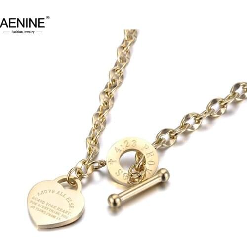 AENINE Neo-Gothic Stainless Steel Love Heart Charm Pendant Necklaces For Women Religious Bible Proverbs Chain Necklace AN19085