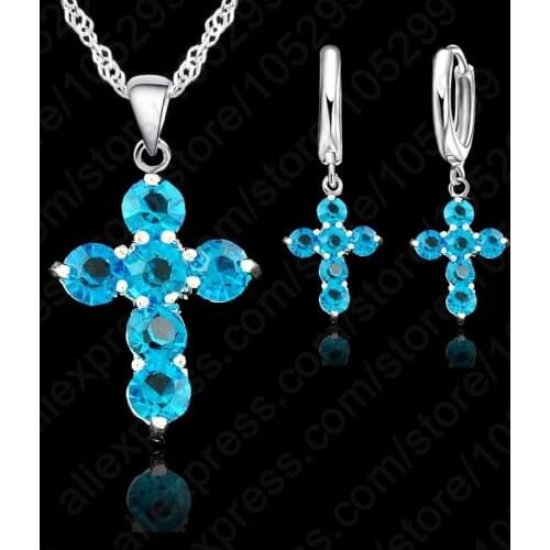 10Color To Choose 925 Sterling Silver Austrian Crystal Cross Pendant Necklace Earrings Jewelry Sets Stock 24 Hours