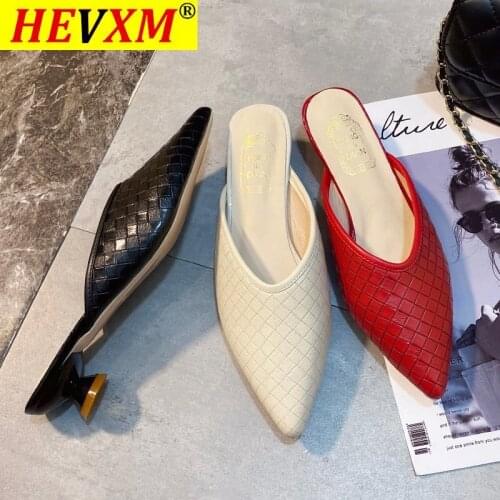 2020 New Slippers Women Shoes Pointed Toe Low Heel Mule Shoes Fahion Weave Slides Thin Heel Wedding Shoe For Party Zapatos Mujer