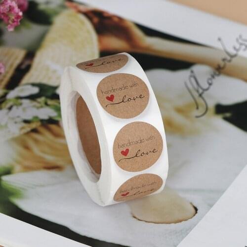 500Pcs/Roll 2.5cm DIY Hand Made Handmade With Love Label Wedding Stickers Adhesive Sticker Kraft Round Labels Wholesale price