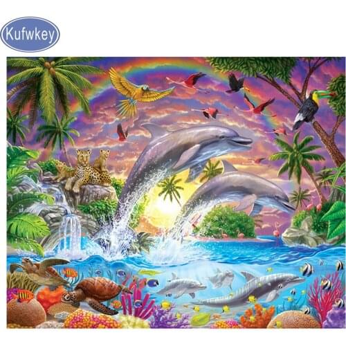 Kufwkey diamond Mosaic pattern rhinestone diamant painting 3d Embroidery"puzzle Dolphin undersea world"full round drill Crafts