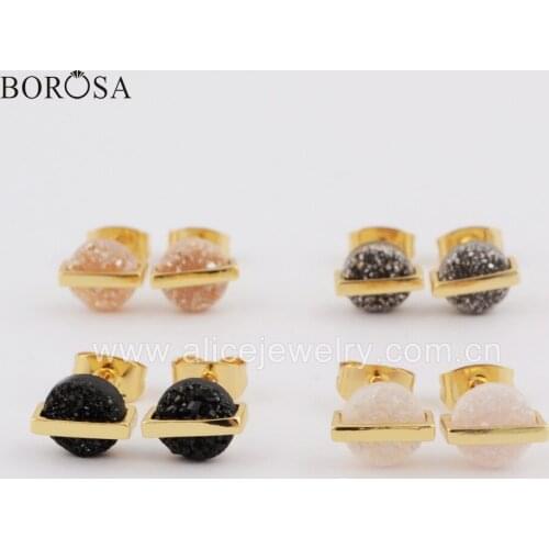 BOROSA 5Pairs Fashion Earrings 7mm Round Gold Plated Natural Agates Drusy Stud Earrings Titanium Rainbow Druzy Earring ZG0399
