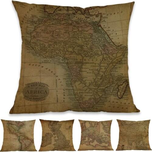 Retro Style Antique Map Ancient World Sepia Maps LInen Throw Pillow Case Home Study Room Sofa Car Decorative Cushion Cover 45x45