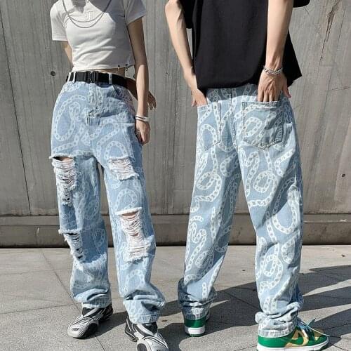 Denim Wide Leg Pants High Waisted Good Quality Thin Light Blue Ripped Hole Washed Loose Print Hip Hop Boyfriend Jeans For Women