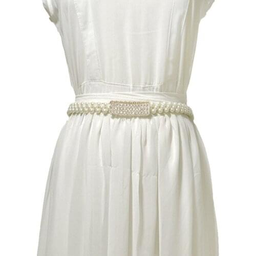Elegant Women Pearl Waist Belt Elastic Buckle Pearl Chain Belt Female Girls Dress Strap Pearl Elastic Belt Luxury Brand