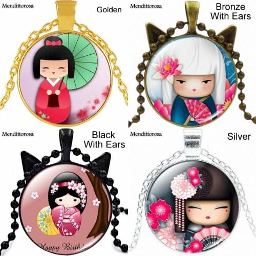 Hot Sale Glass Cabochon Pendant Necklace For Lovers Girl Friend Best Gift Cute Japanese Kokeshi Doll
