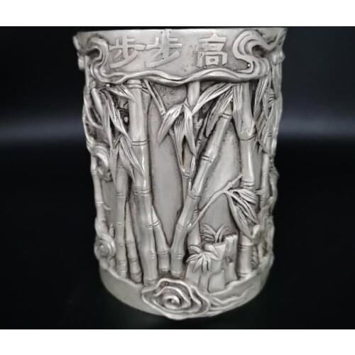 China White copper archaize bamboo Pen holder crafts statue