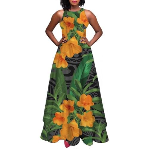 Hycool Summer Casual Floral Print Hawaiian Green Dresses Hibiscus Design Sexy Sleeveless Beach Wedding Party A-Line Maxi Dresses