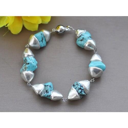 MCT·STAR Z10512 8" 25mm Yellow Gold-Plating Blue Turquoise Bead Bracelet